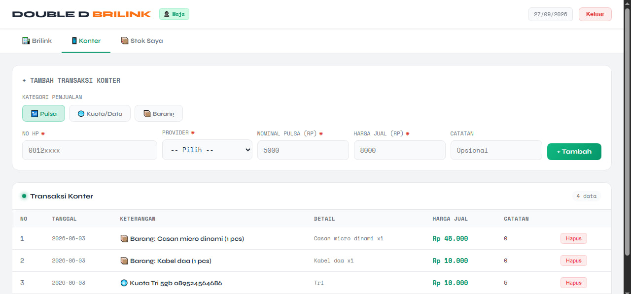 Dashboard Kasir Konter dan Brilink